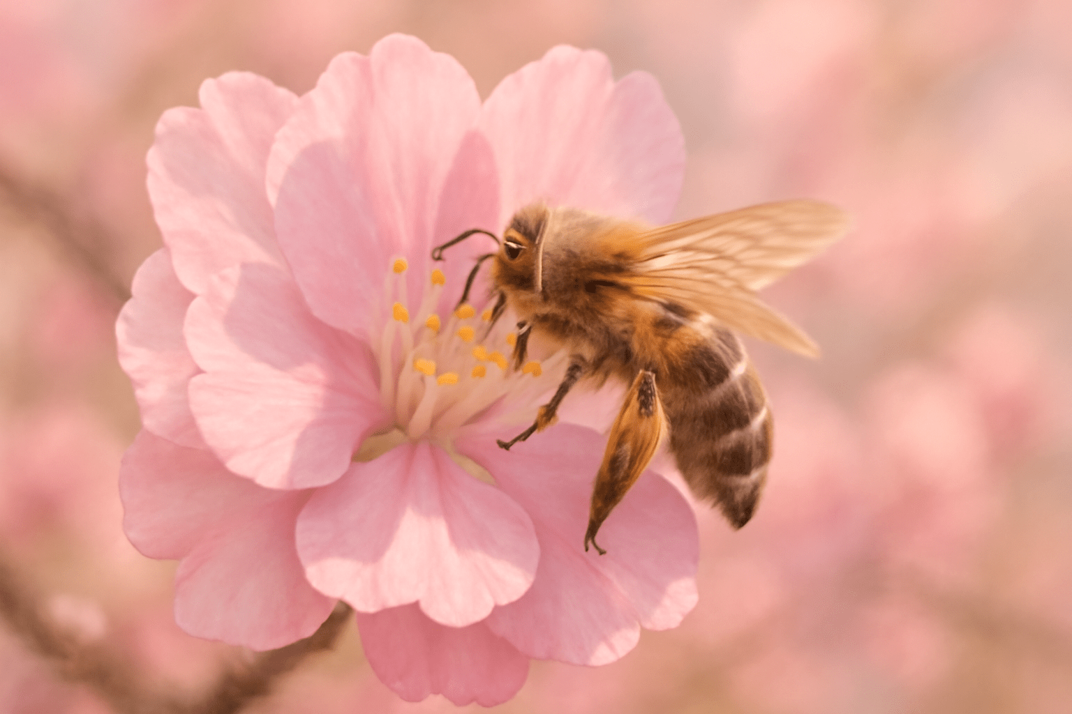 A honeybee pollinates a delicate pink flower, surrounded by a soft pink background, capturing the beauty of spring.