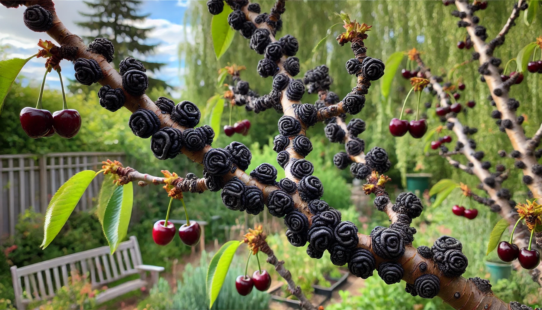 A close-up of a cherry tree branch with dark, rose-like galls and ripe red cherries, set against a lush green background.