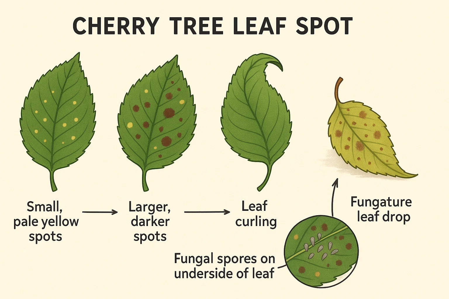 Illustration depicting stages of cherry tree leaf spot, from yellow spots to curling leaves, with a focus on fungal spore development.