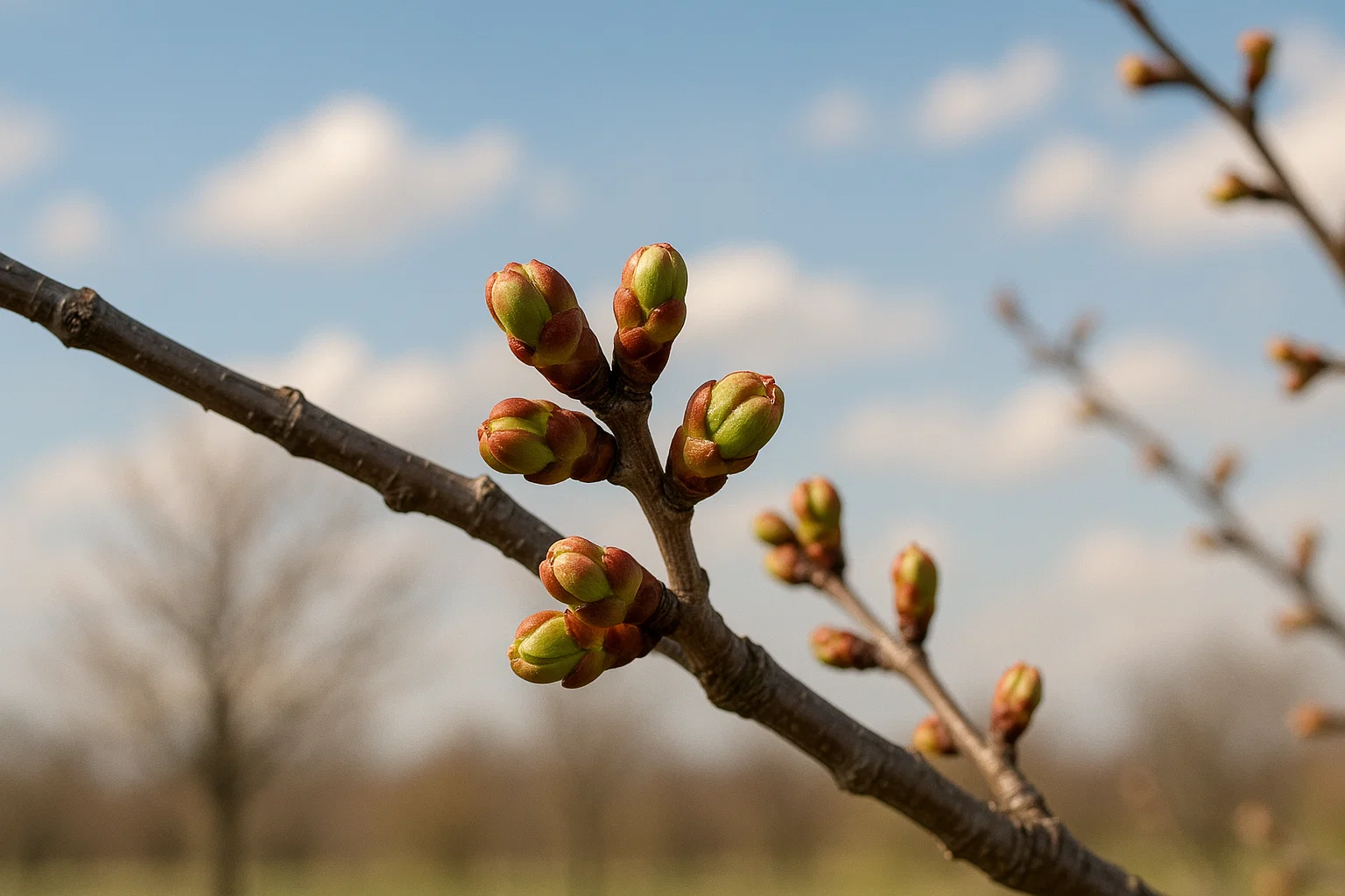 Close-up of tree buds ready to bloom against a soft blue sky with fluffy clouds, signaling the arrival of spring.