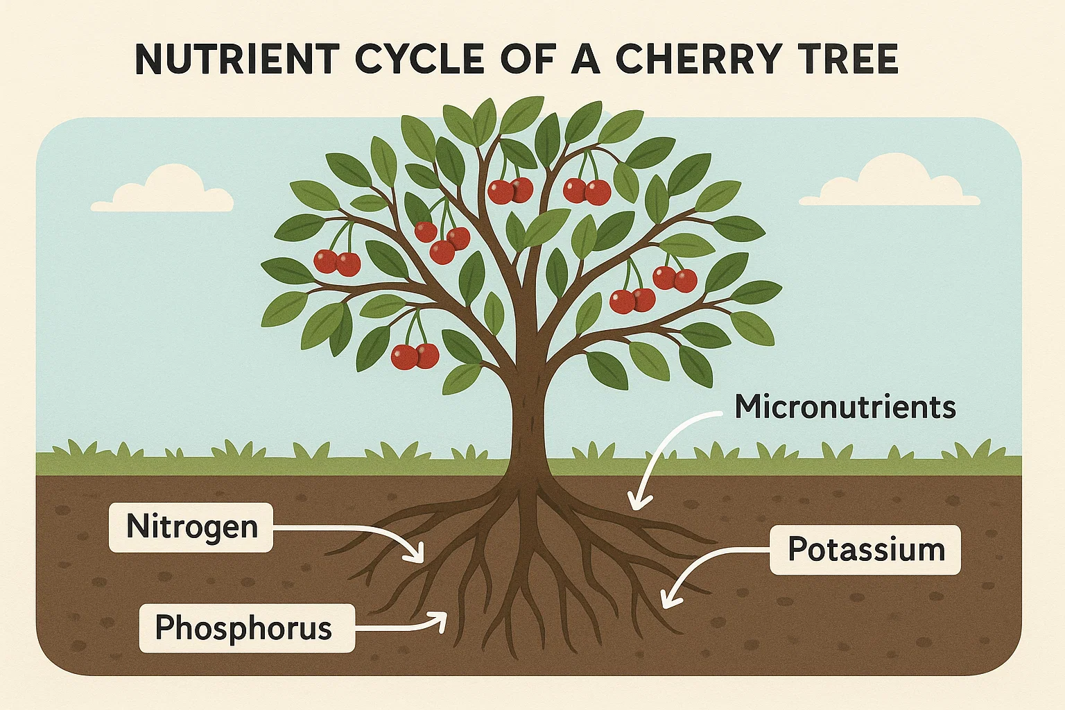 Illustration of a cherry tree's nutrient cycle, showing roots absorbing nitrogen, phosphorus, potassium, and micronutrients from the soil.