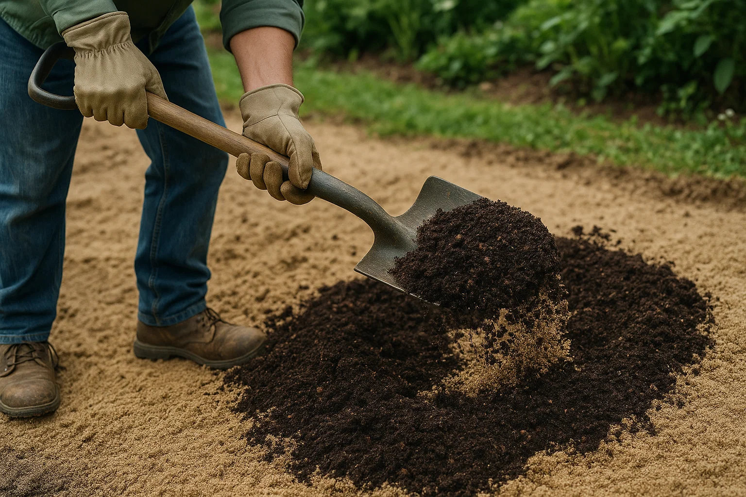 A person in gloves uses a shovel to spread dark soil onto a sandy garden bed, surrounded by green plants.