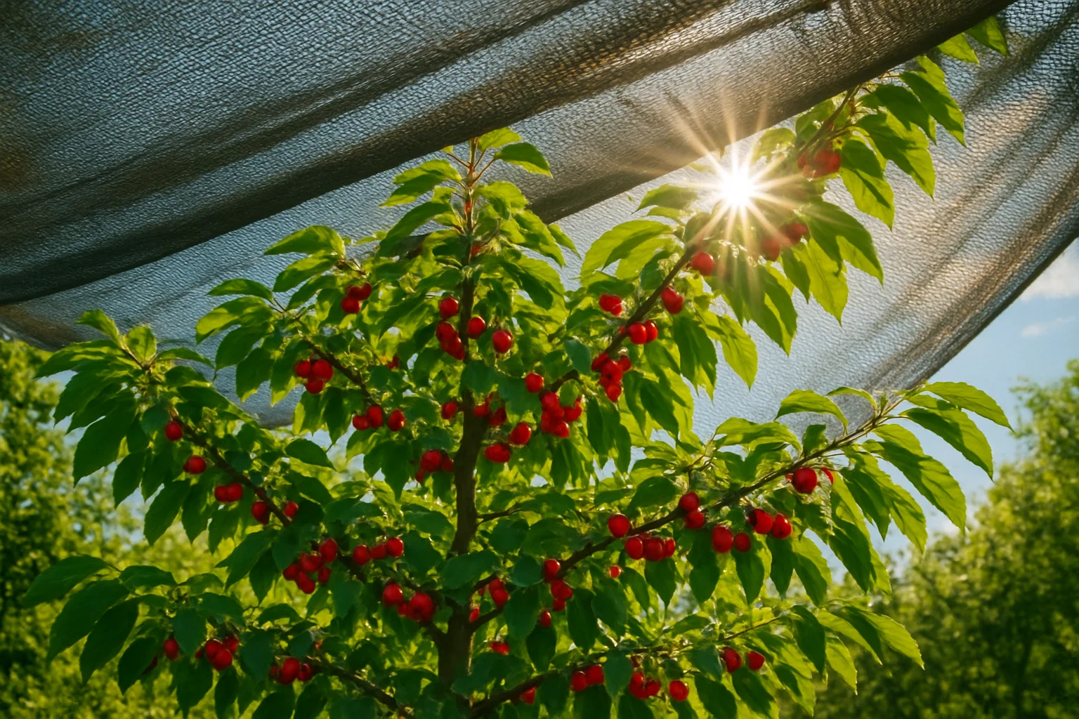 Sunlight filters through a black shade net above a cherry tree laden with bright red fruit and vibrant green leaves.