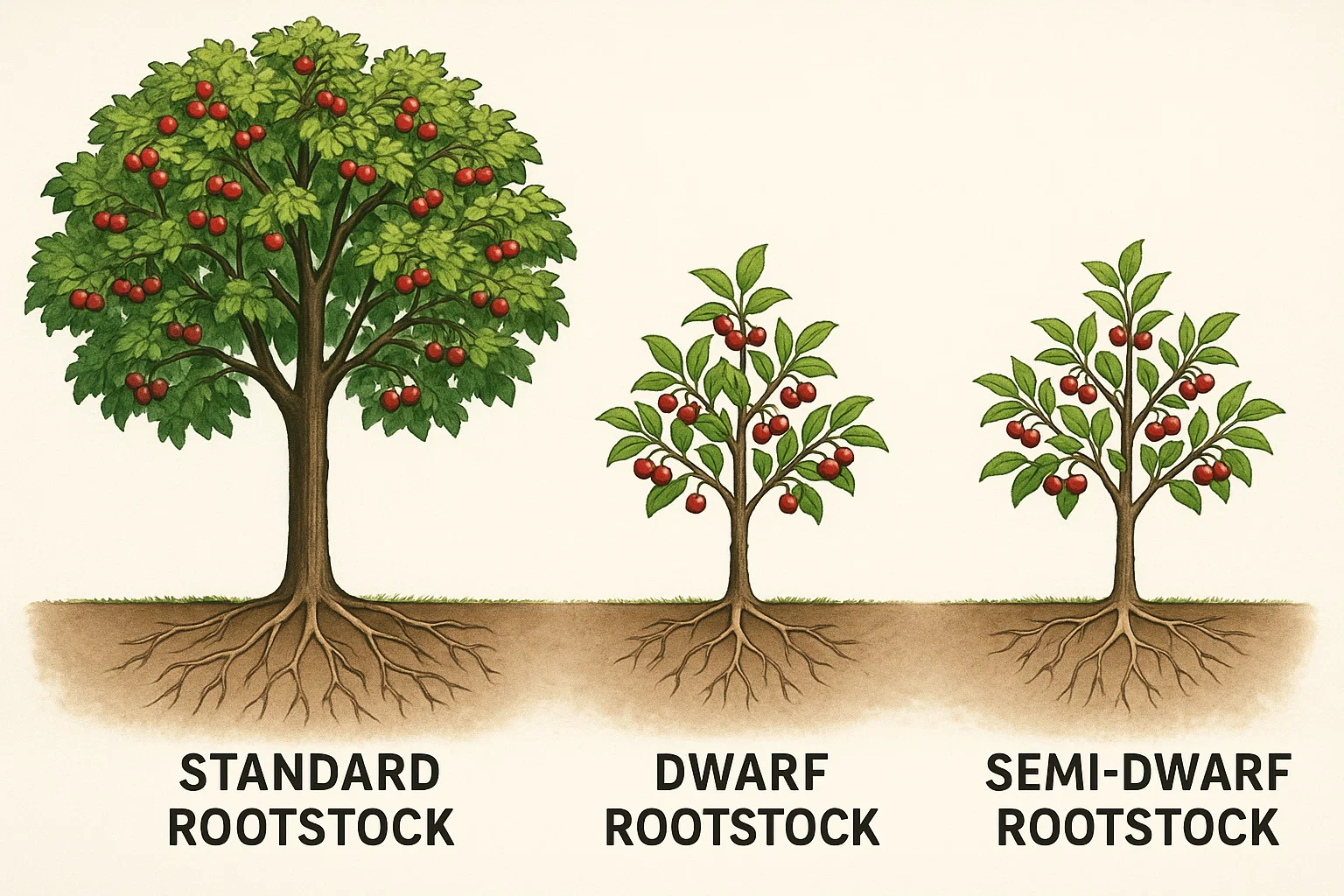 Illustration comparing standard, dwarf, and semi-dwarf rootstocks, each with distinct tree heights and root systems, showcasing fruit-bearing varieties.