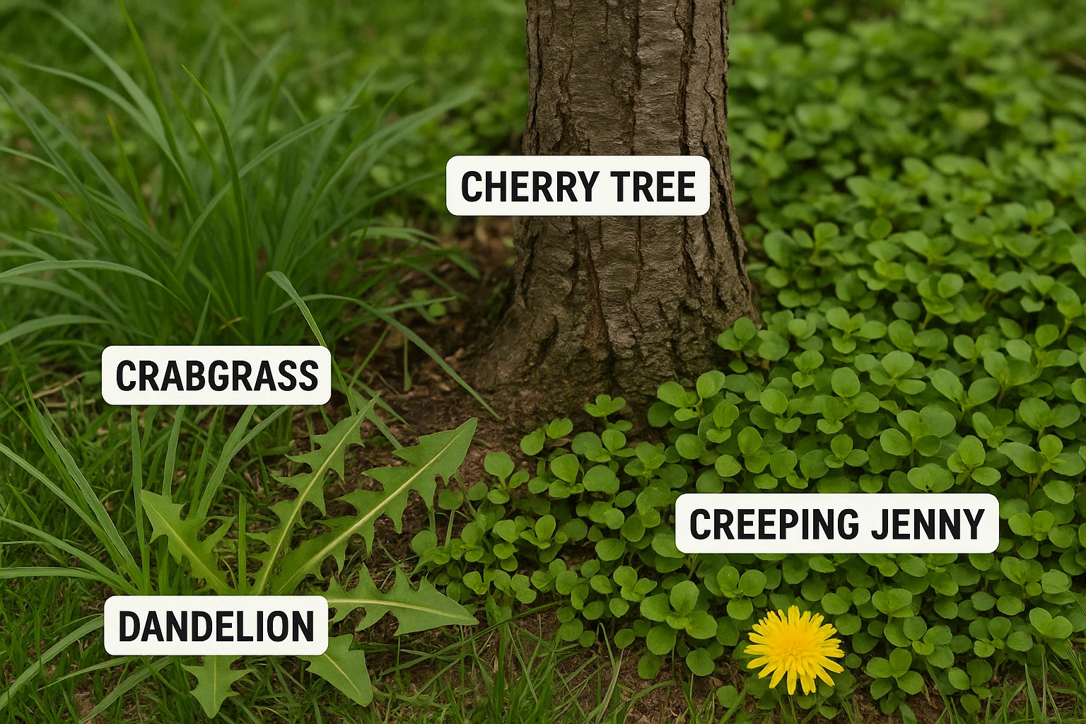 Lush garden scene featuring a cherry tree trunk, surrounded by crabgrass, dandelion, and creeping jenny, with a bright yellow flower.