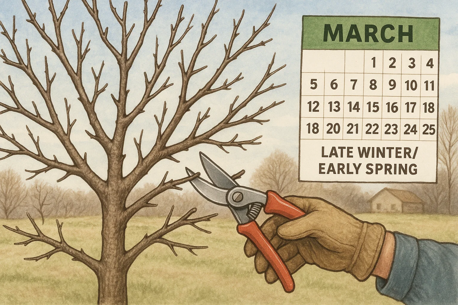 A hand holding pruning shears poised to trim a leafless tree alongside a March calendar indicating late winter/early spring.