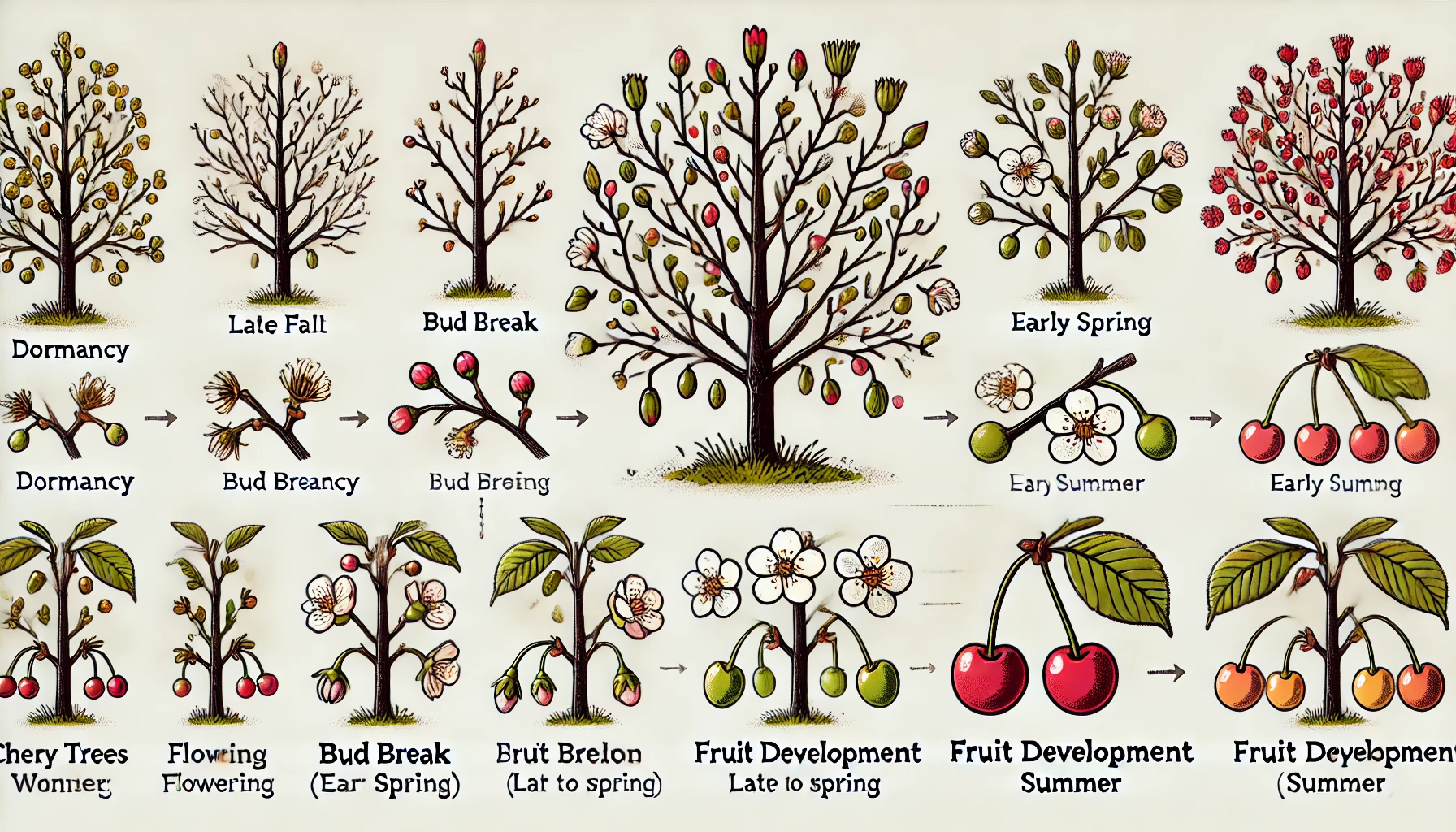 Illustration depicting the growth stages of cherry trees, from dormancy to fruit development across seasons.