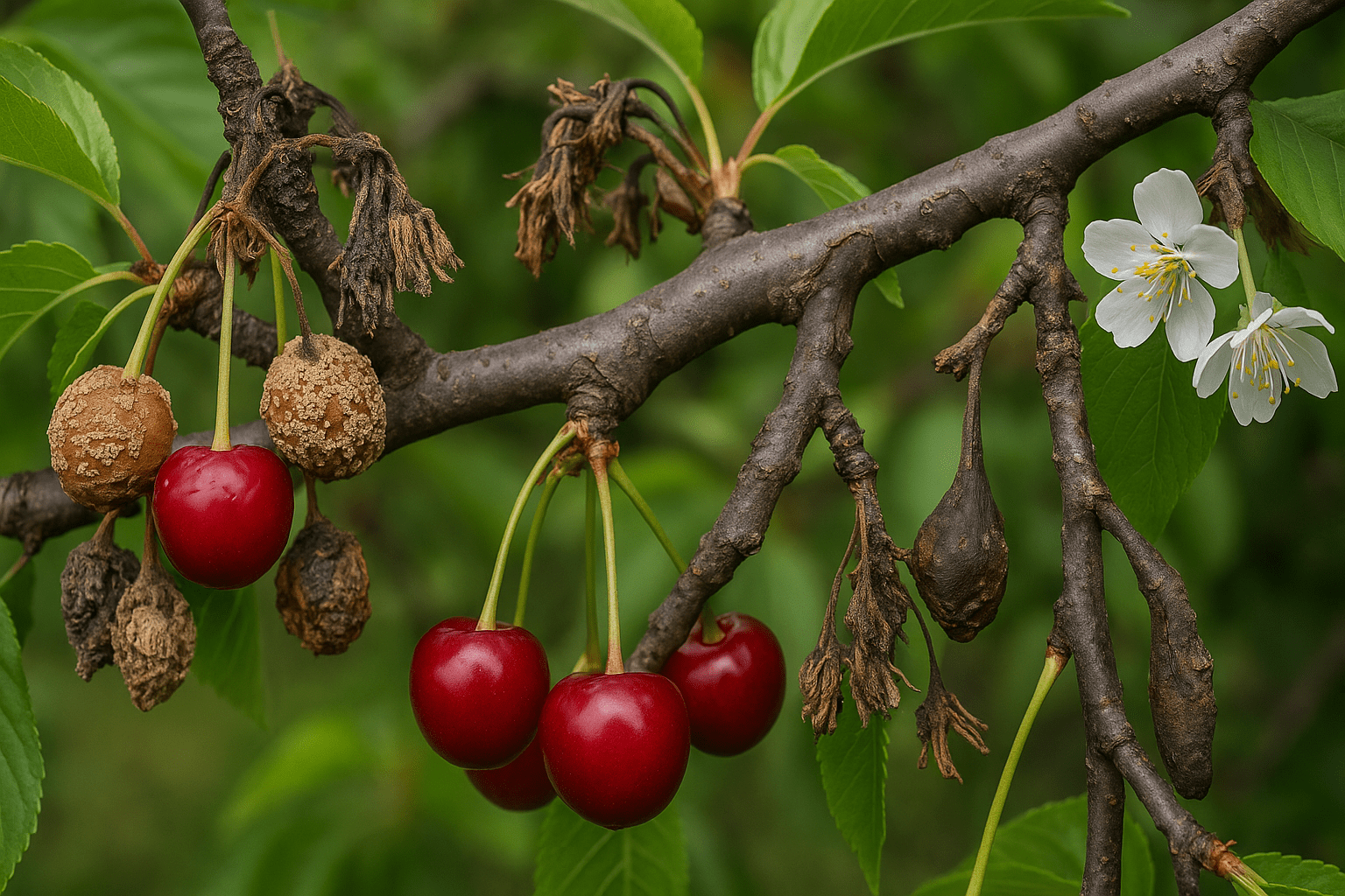 A tree branch displaying ripe red cherries, dried fruit remnants, and delicate white blossoms against lush green foliage.