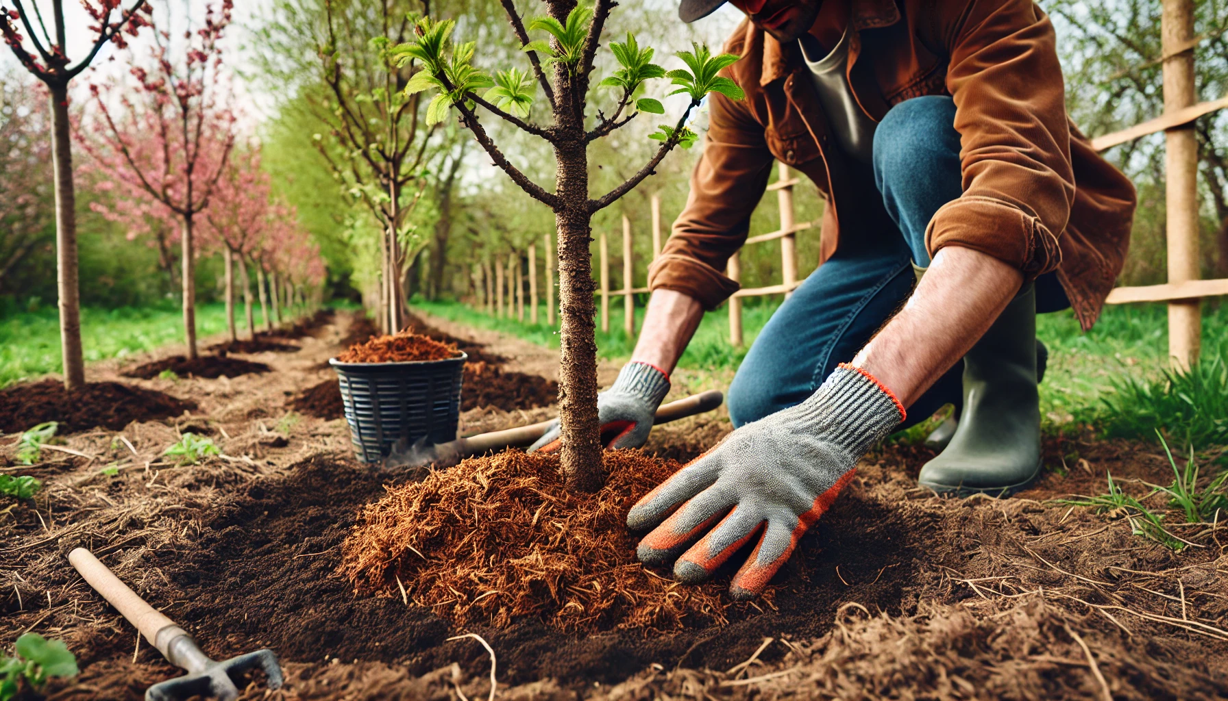A gardener in gloves plants a young tree, surrounded by blooming trees and soil, with a bucket of mulch nearby.