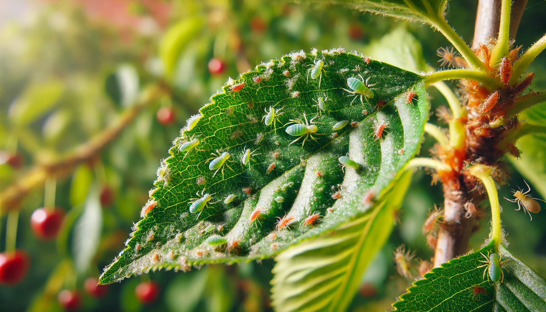 Close-up of a leaf infested with various green and red aphids, surrounded by cherry-like fruits and vibrant green foliage.