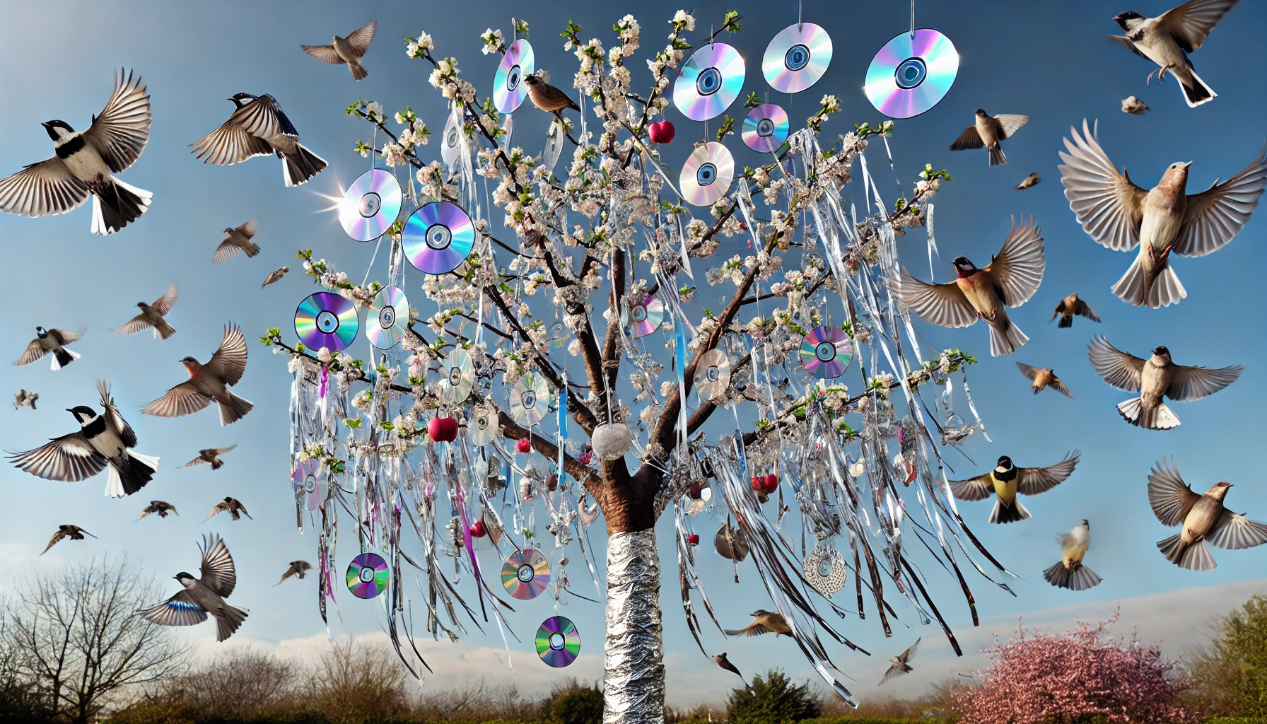 A whimsical tree adorned with shiny CDs, blossoms, and ribbons, surrounded by various flying birds against a blue sky backdrop.