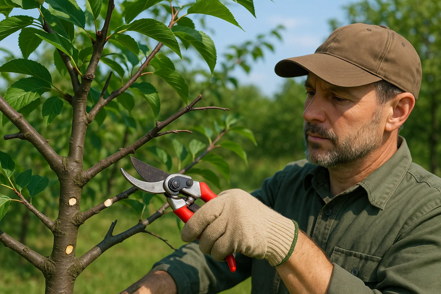 A person wearing gloves and a green shirt uses pruning shears to trim a young tree, surrounded by lush green foliage.