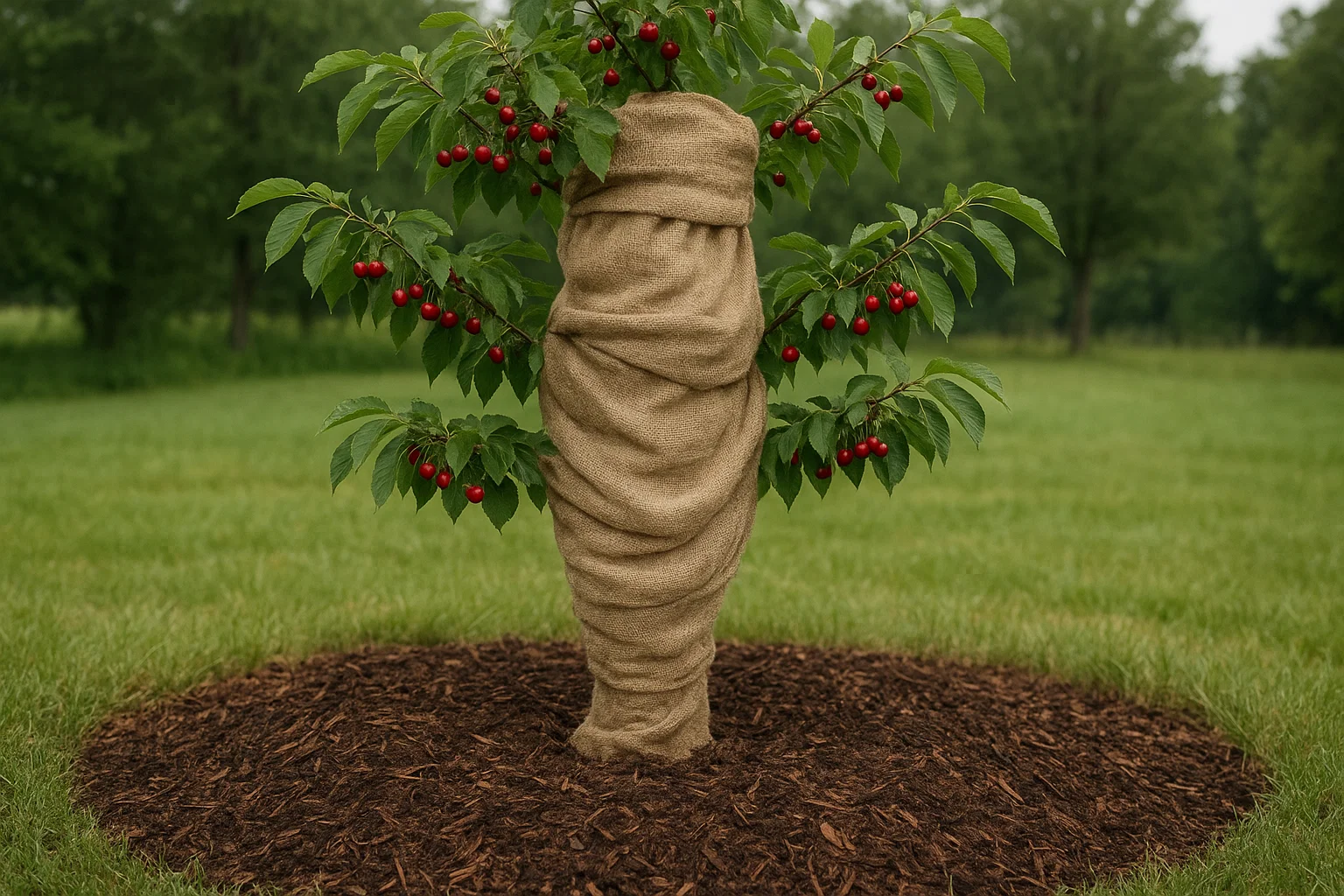 A burlap-wrapped cherry tree with vibrant red cherries, surrounded by mulch and green grass in a lush outdoor setting.