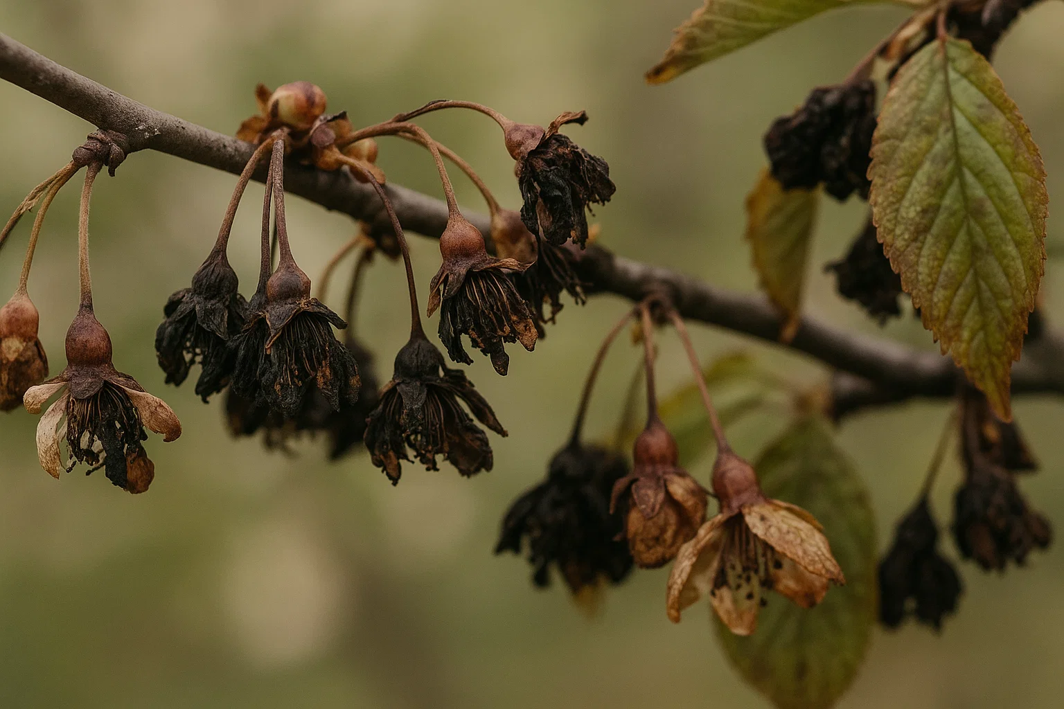 A close-up of dying cherry blossom clusters on a branch, showcasing a mix of brown and black wilted flowers against a blurred background.