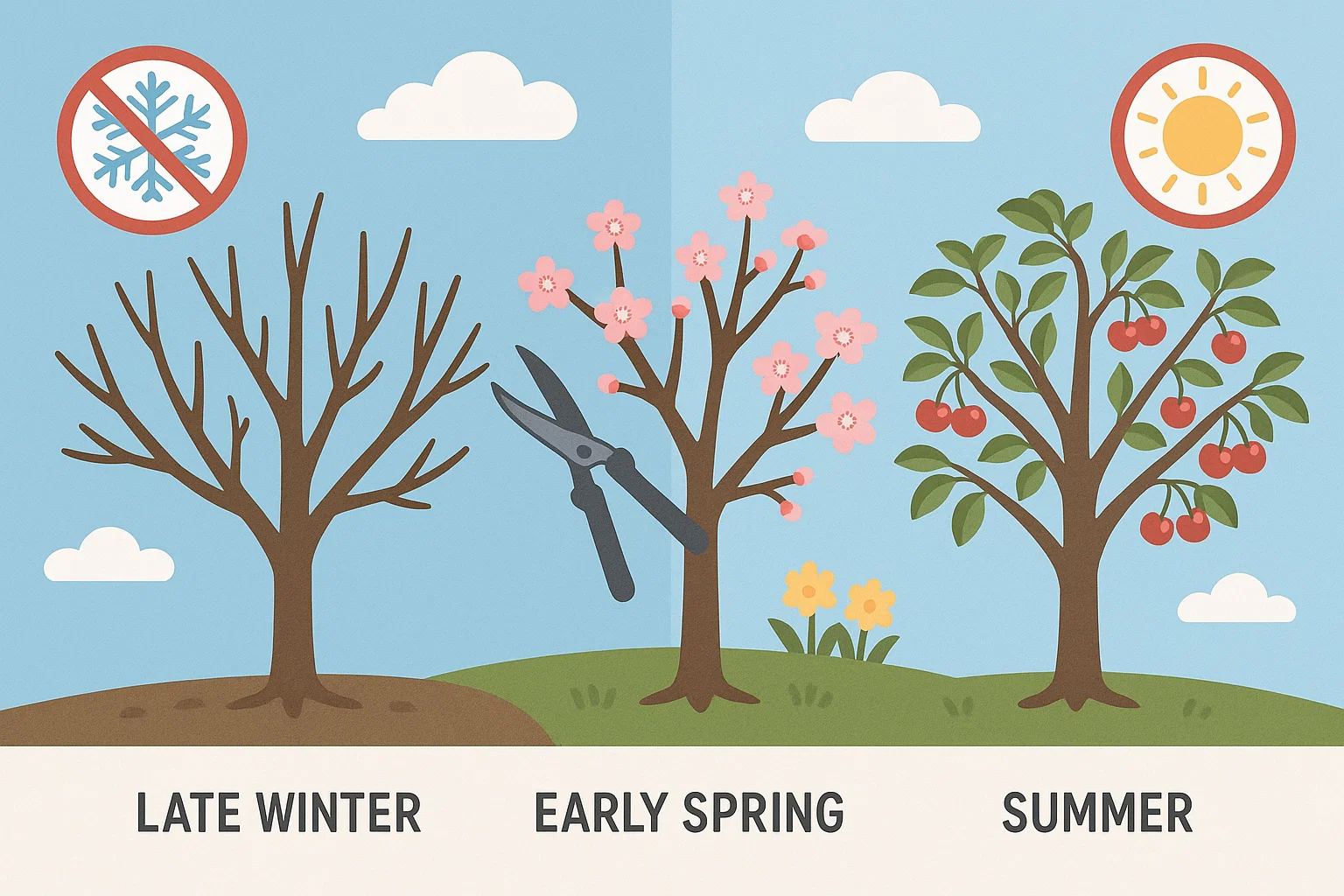 Three seasonal stages of a tree: barren in late winter, blooming in early spring with pruning shears, and bearing fruit in summer.