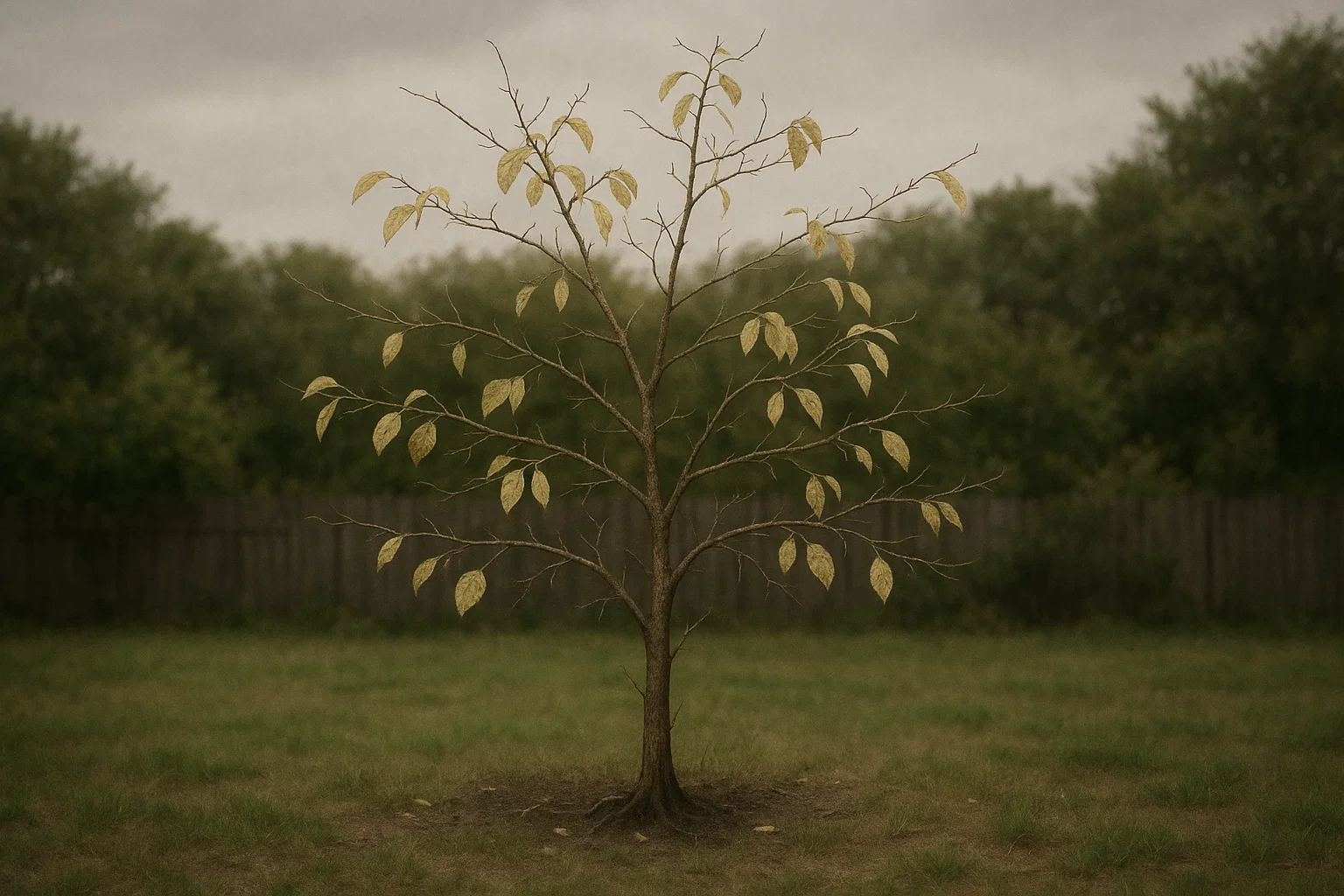 A solitary tree with sparse branches and yellowing leaves stands in a grassy field, framed by a dim, cloudy background.
