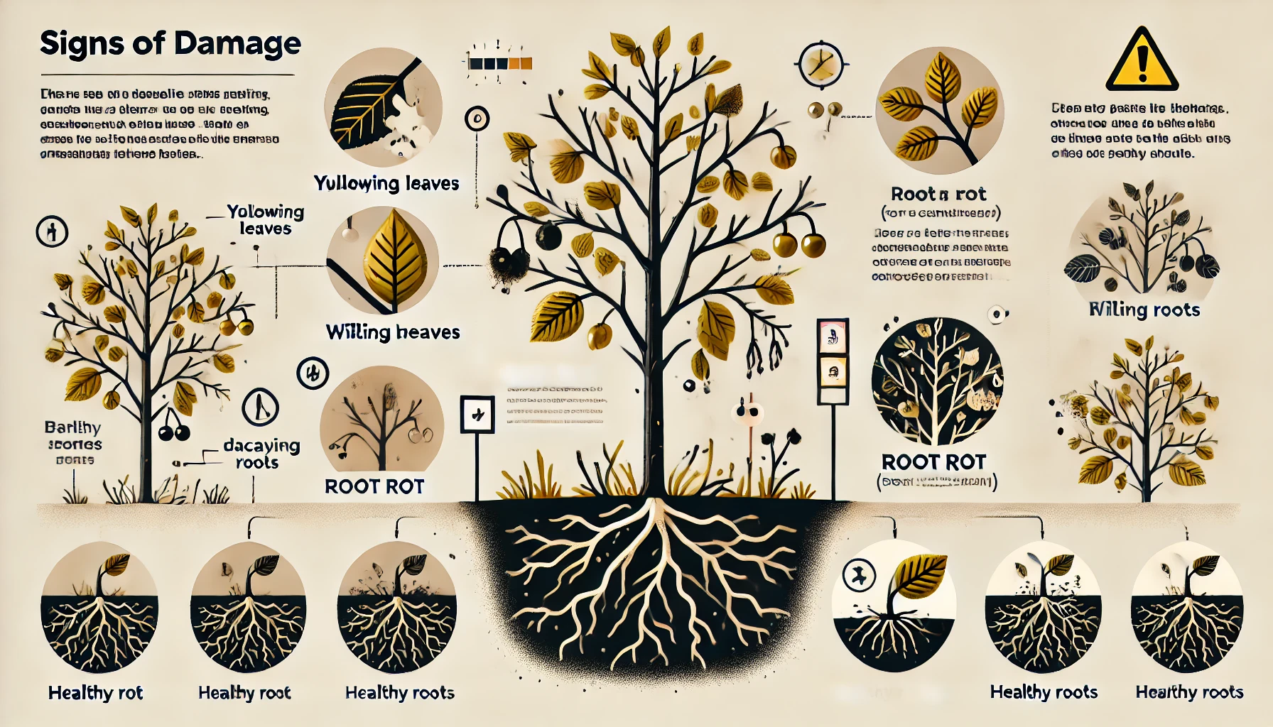 Infographic detailing signs of tree damage: yellowing leaves, wilting, root rot, and healthy root comparisons. Educational and visually engaging.
