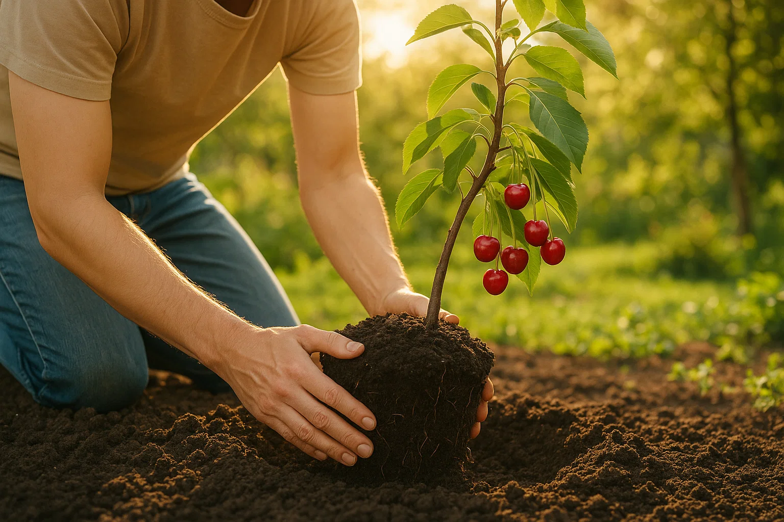 A person in a beige shirt plants a cherry tree with red fruit, hands cradling its root ball in rich, dark soil.