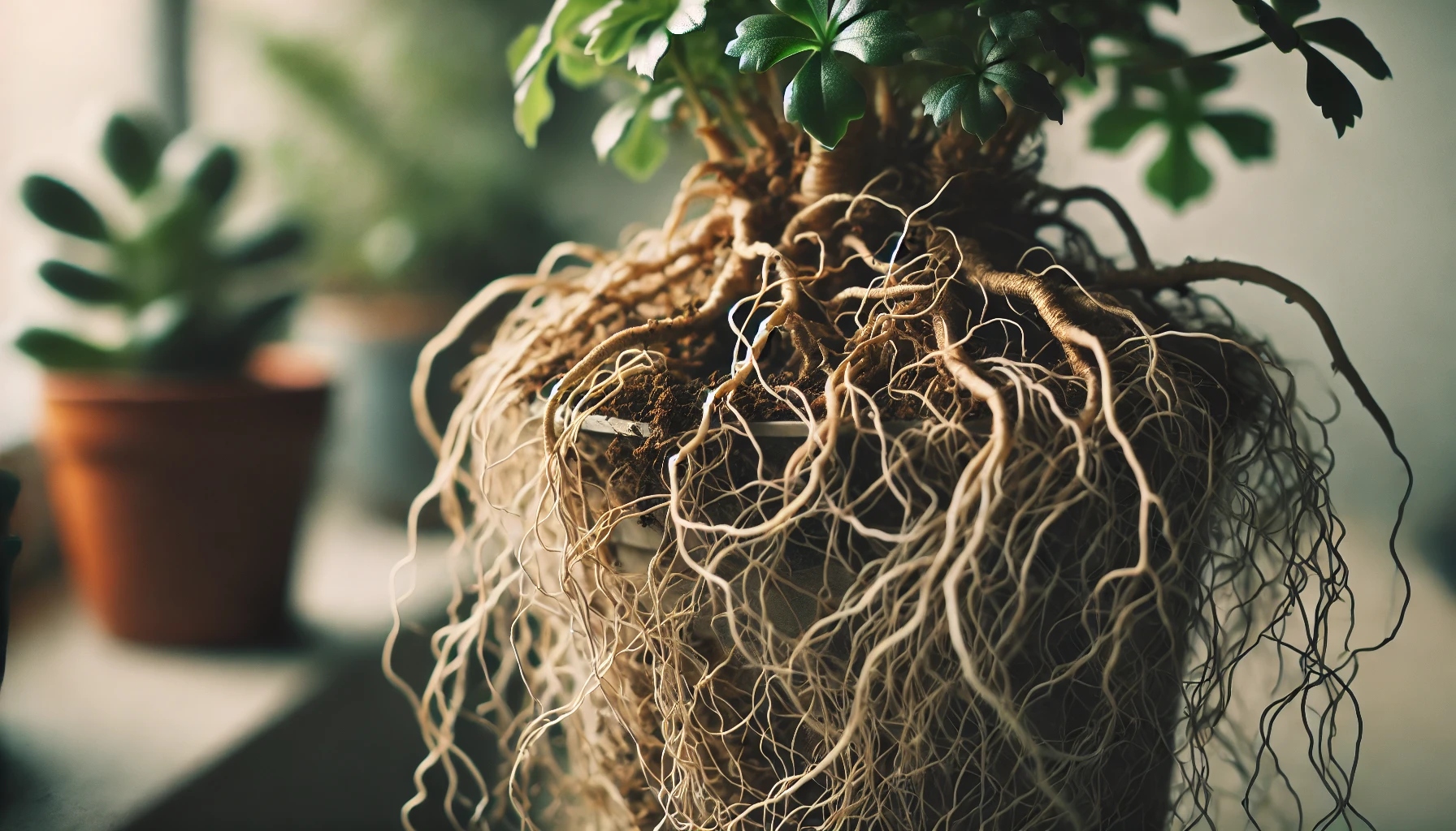 Close-up of a potted plant with intricate, sprawling roots emerging from the soil, surrounded by soft, out-of-focus greenery.