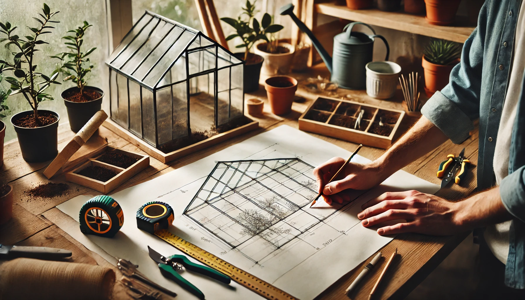 A person draws a greenhouse design on paper, surrounded by potted plants, gardening tools, and a miniature greenhouse model.