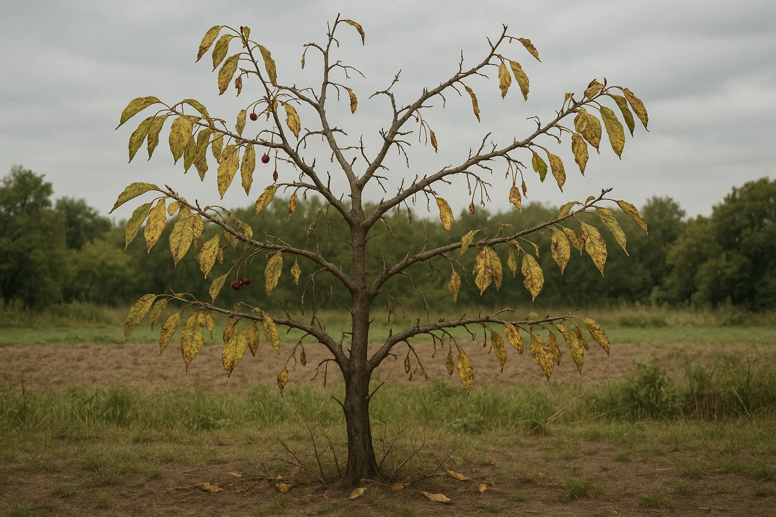 A leafless tree with yellow leaves and a few red fruits stands alone in a field against a cloudy sky and green forest backdrop.