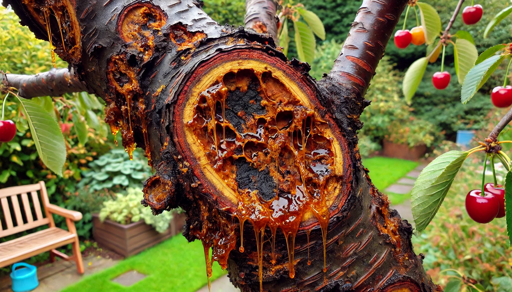 A close-up of a tree trunk showing oozing resin, damaged bark, and vibrant red cherries in a lush garden setting.