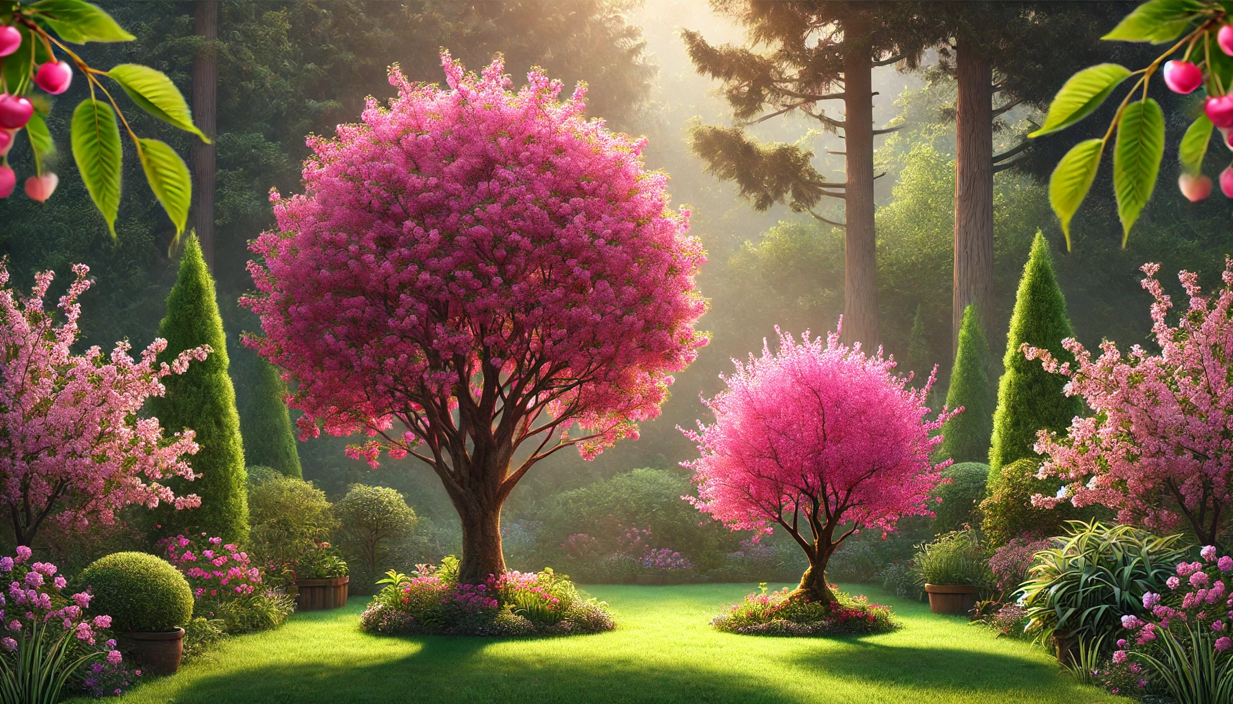 A serene garden with vibrant pink flowering trees, lush greenery, and blooming plants, bathed in soft, natural light.