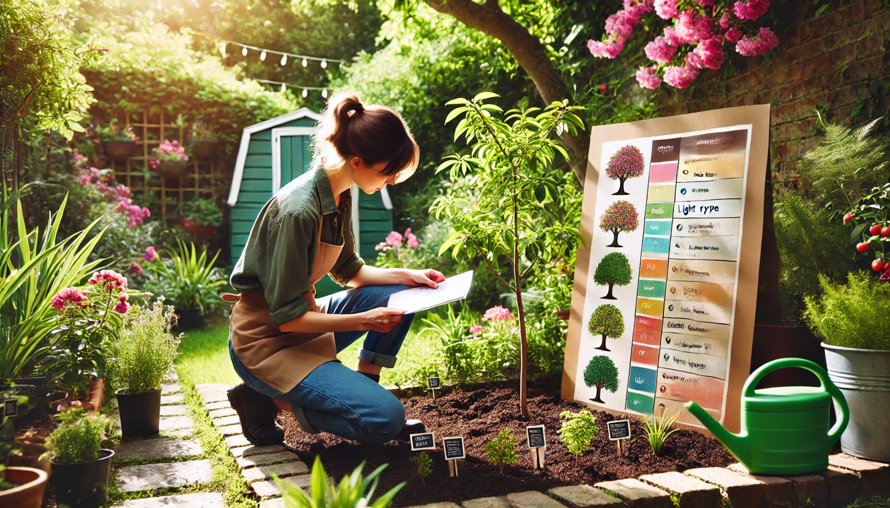 A person in a garden, examining a planting guide while kneeling next to young trees and vibrant flowers, with a watering can nearby.