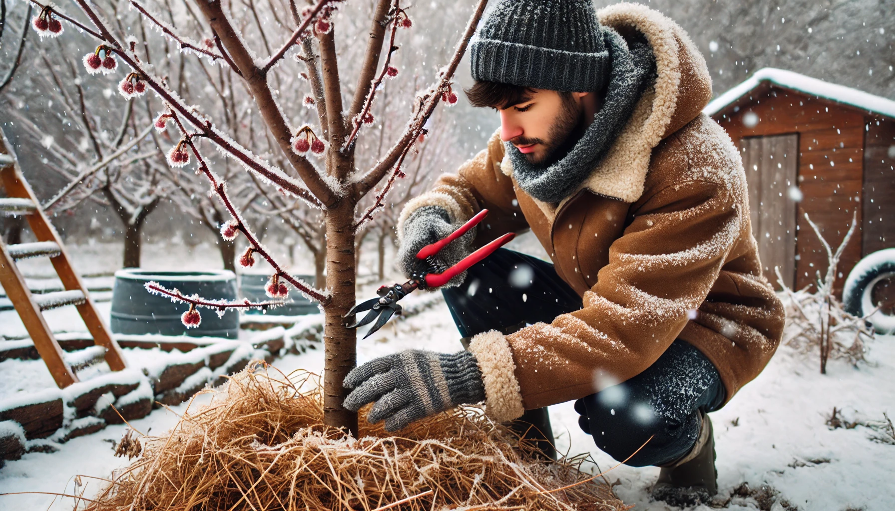 A person in winter clothing prunes a small tree surrounded by snow, with a wooden shed and a ladder in the background.