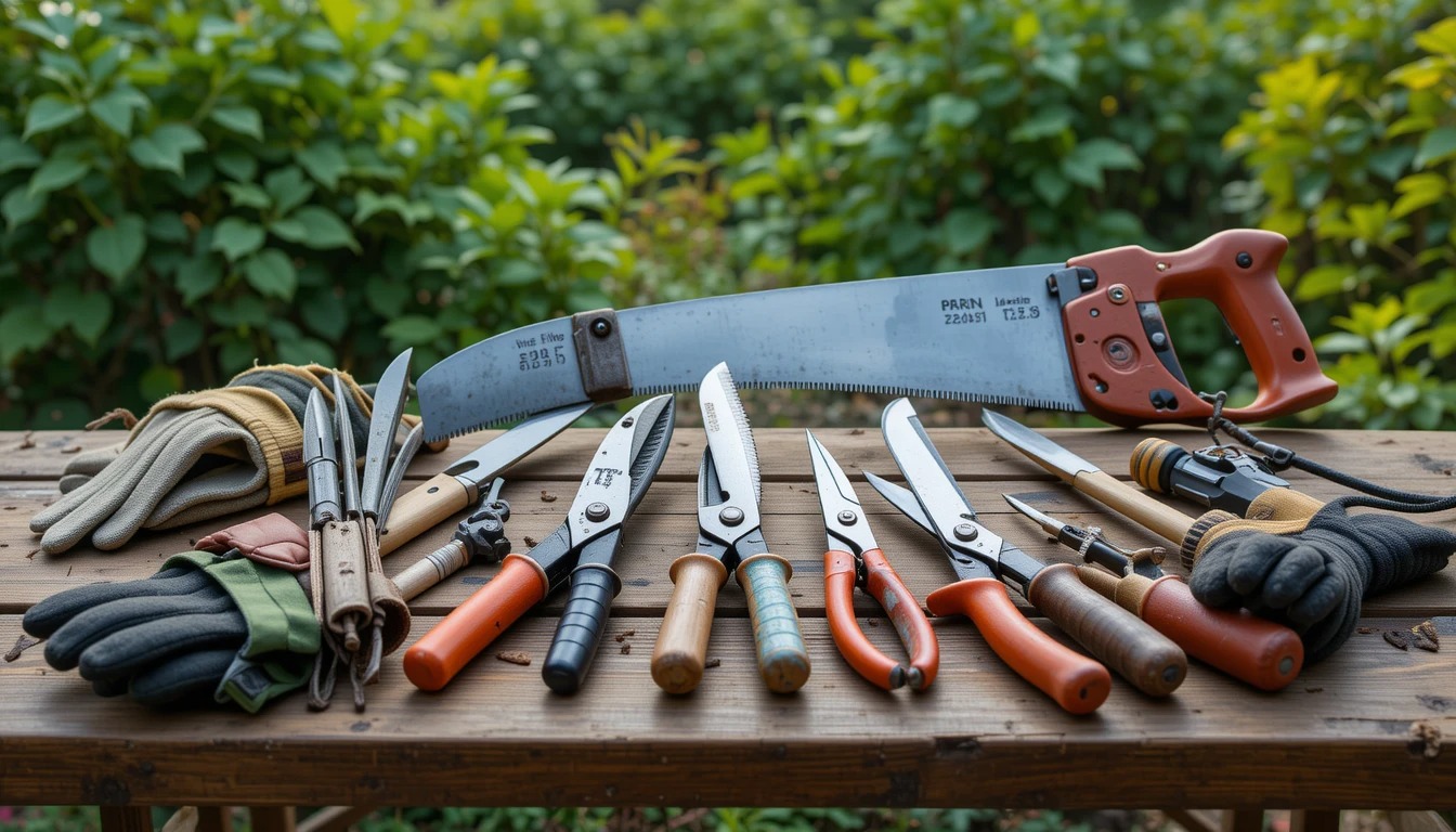 A collection of gardening tools, including scissors, shears, a saw, and gloves, arranged neatly on a wooden table with greenery in the background.