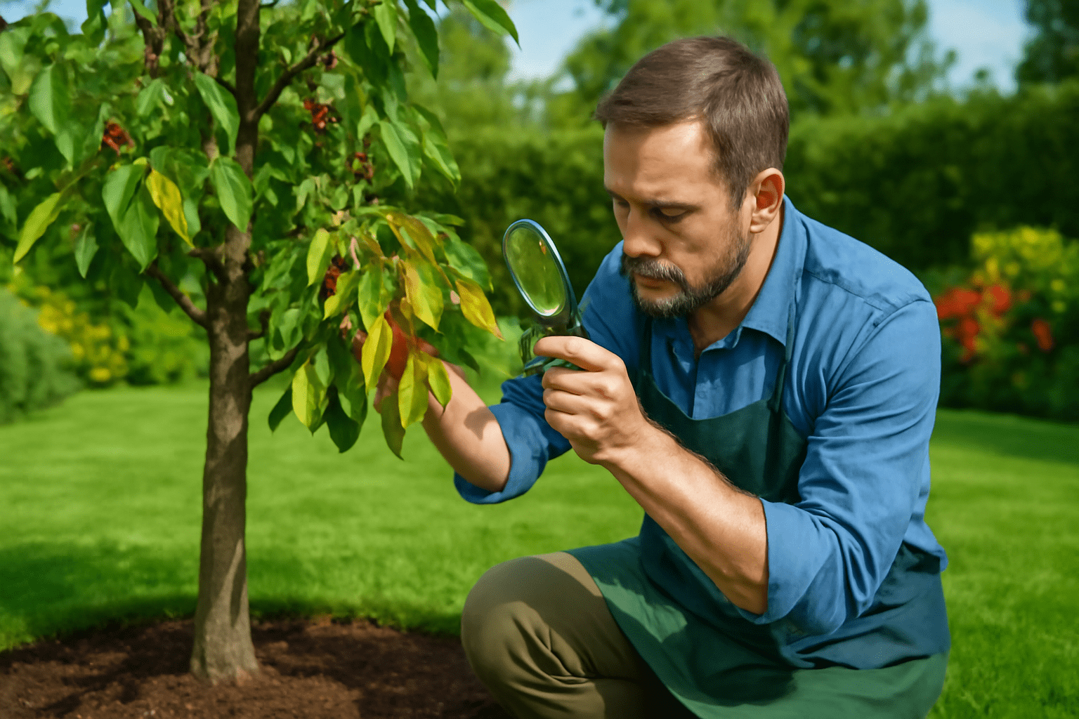 A person examines a tree's leaves with a magnifying glass while kneeling on lush green grass in a vibrant garden.