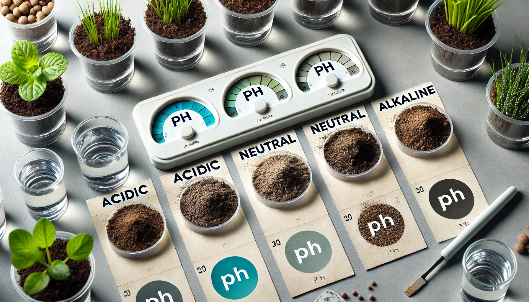Soil samples labeled acidic, neutral, and alkaline, alongside pH meters, plants, and water, on a gray tabletop.