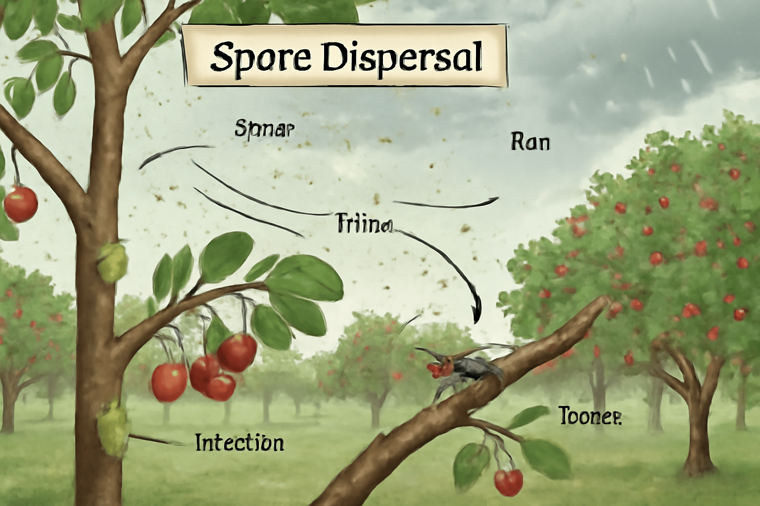 Illustration depicting spore dispersal in a fruit orchard, with arrows indicating processes like infection and movement of insects.