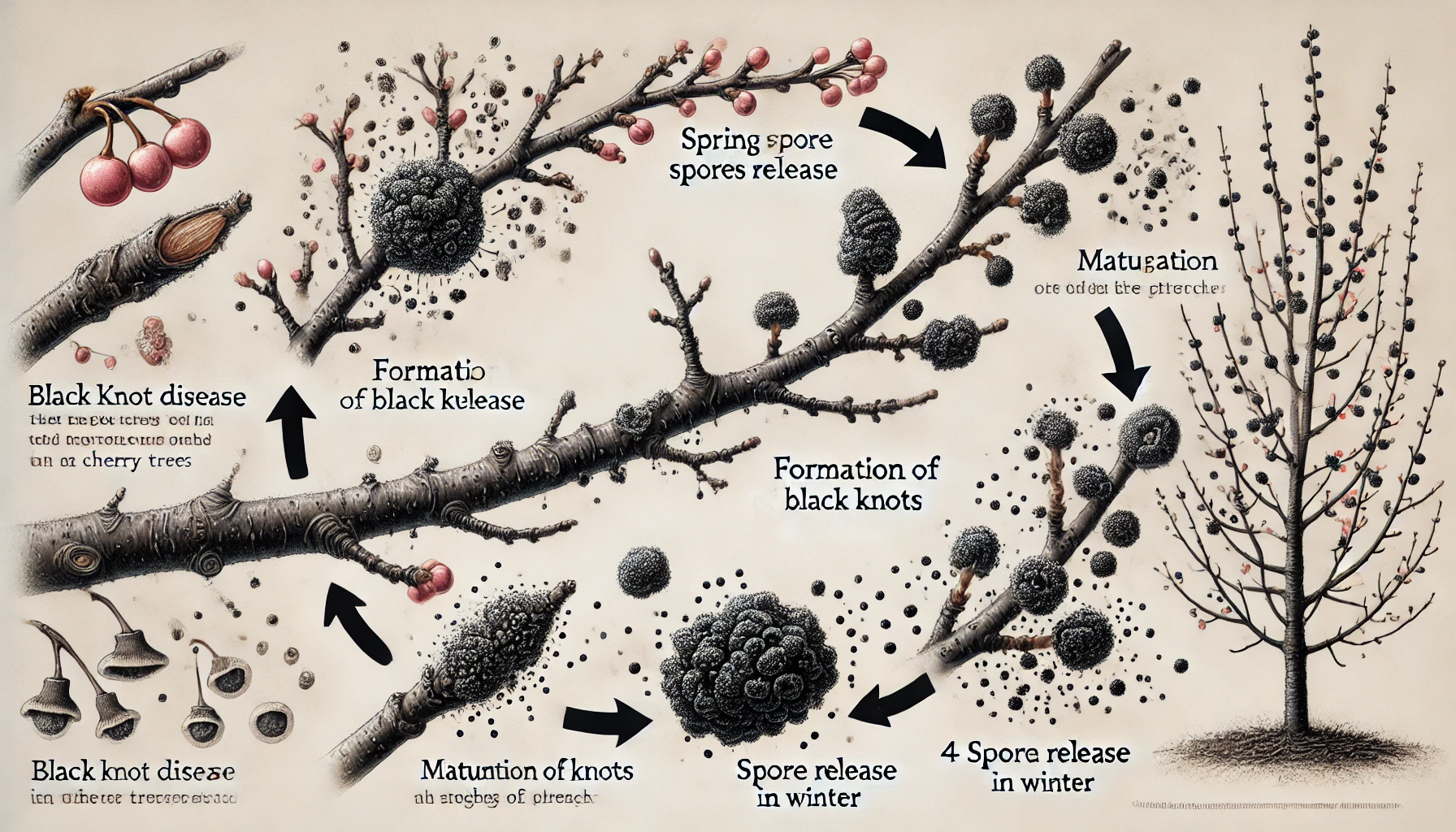 Illustration depicting the life cycle of Black Knot disease on cherry trees, showing disease formation, spore release, and tree sketches.