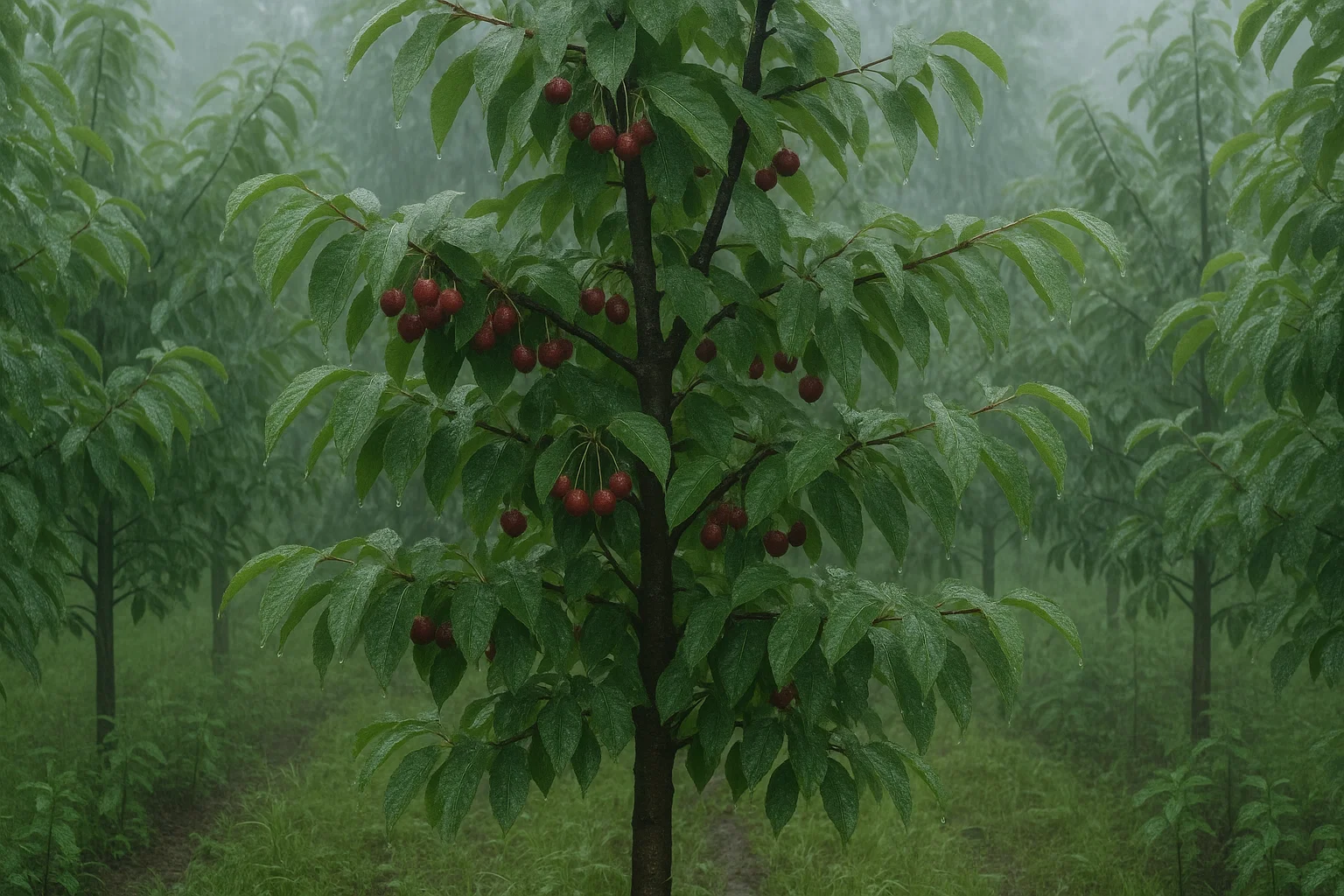 A misty orchard filled with lush green trees bearing vibrant red fruit, gently glistening with rain droplets.