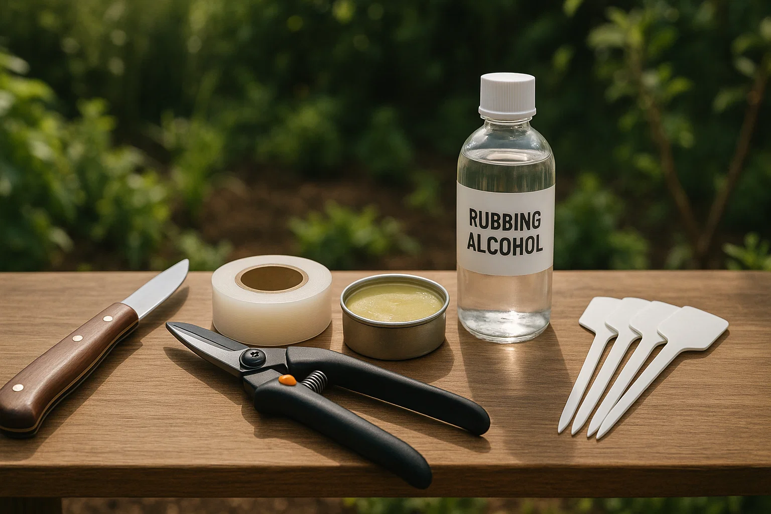 A wooden table displays gardening tools: a knife, pruning shears, tape, rubbing alcohol, salve, and plant markers, against a green backdrop.