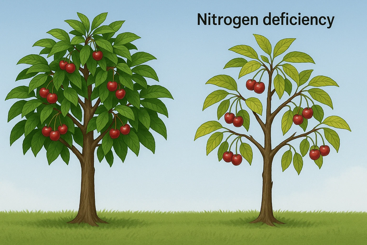 Illustration comparing a healthy cherry tree with abundant foliage and fruit on the left to a nitrogen-deficient tree on the right.
