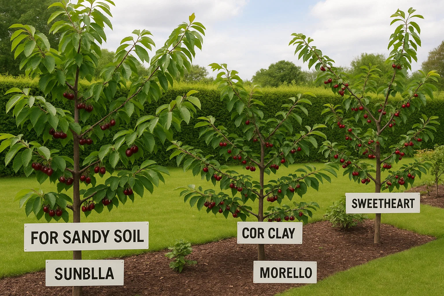 Three cherry trees labeled "Sunblla," "Cor Clay," and "Sweetheart" in a well-maintained garden with lush green grass and leaves.