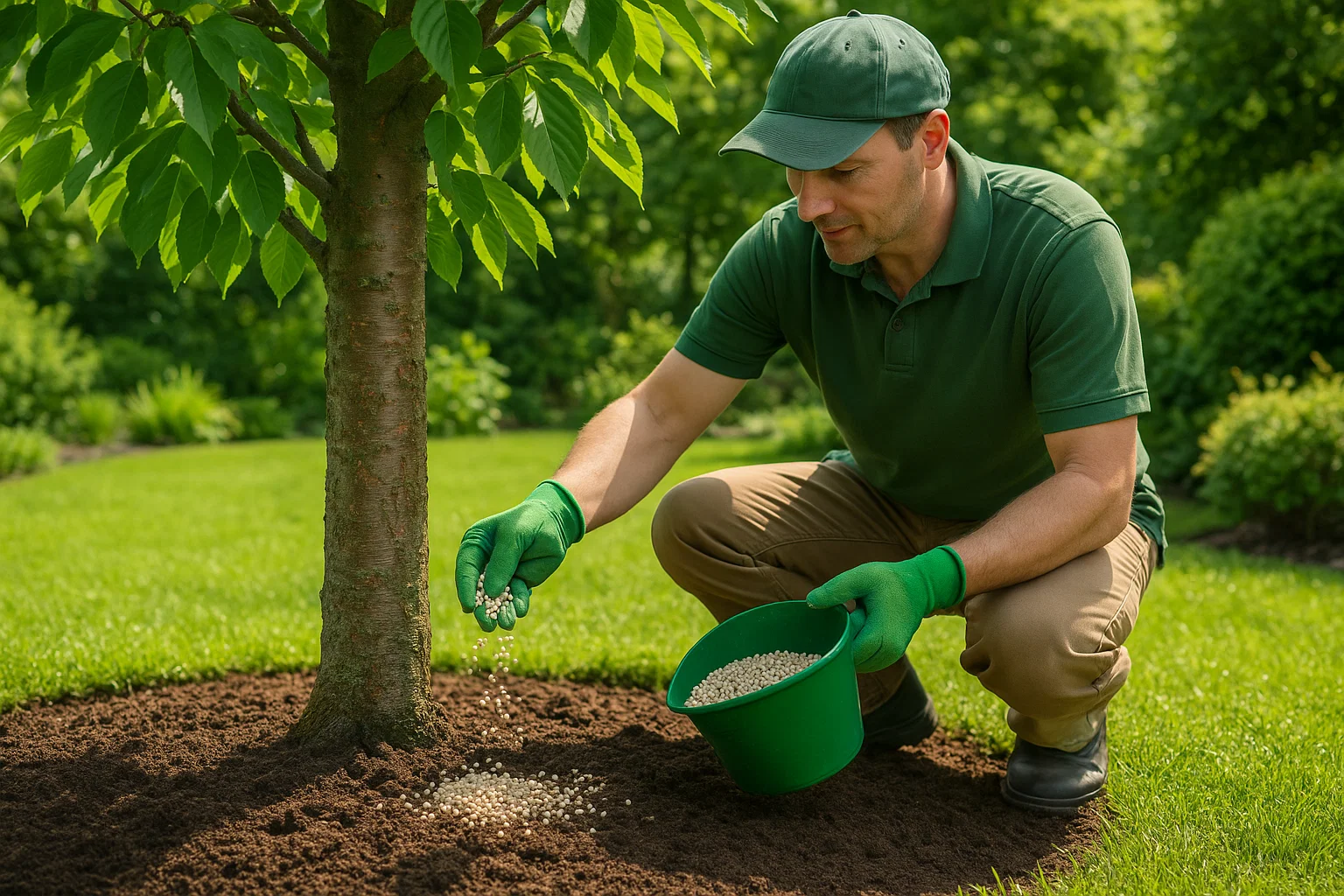 A person in green gloves and a cap sprinkles fertilizer granules at the base of a tree in a sunny garden.
