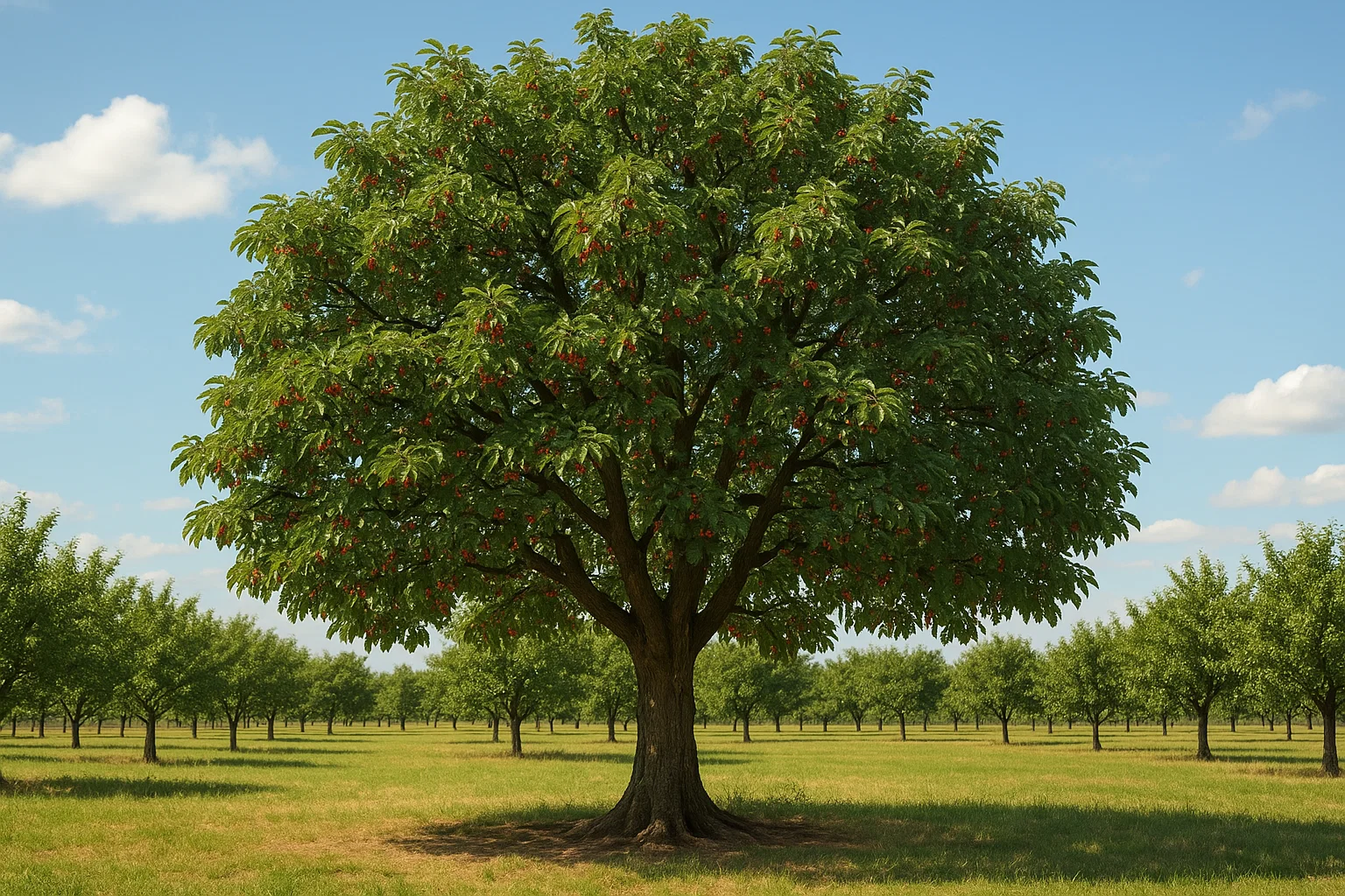 A large, leafy tree with red fruits stands prominently, surrounded by an orchard of smaller trees under a clear blue sky.