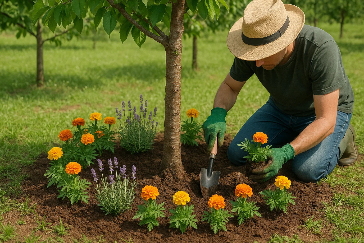 A person in a straw hat kneels in a garden, planting vibrant orange marigolds and lavender around a tree in rich brown soil.