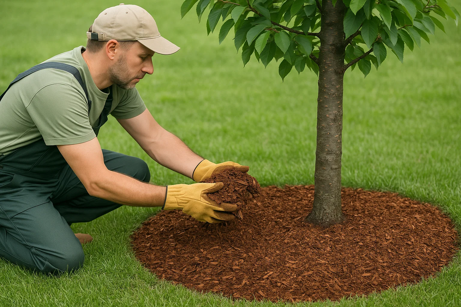 A person wearing gloves kneels on grass, adding mulch around the base of a young tree, promoting healthy growth.