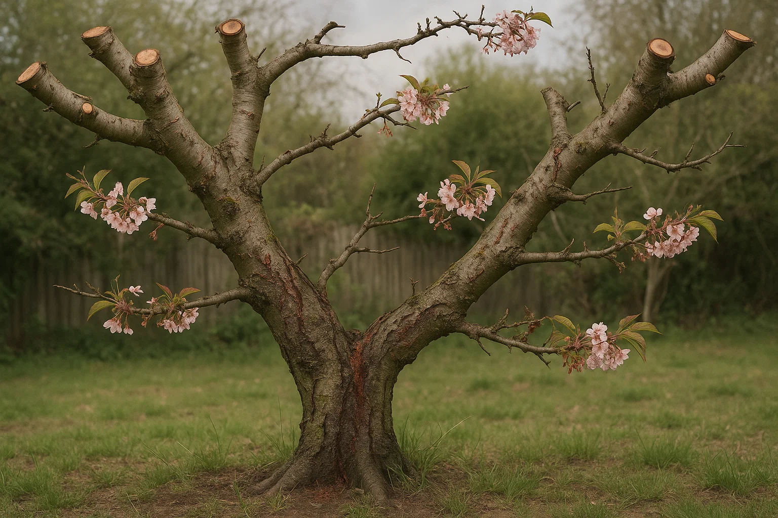 A twisted cherry tree with pink blossoms against a blurred green background, showcasing unique branching and budding leaves.