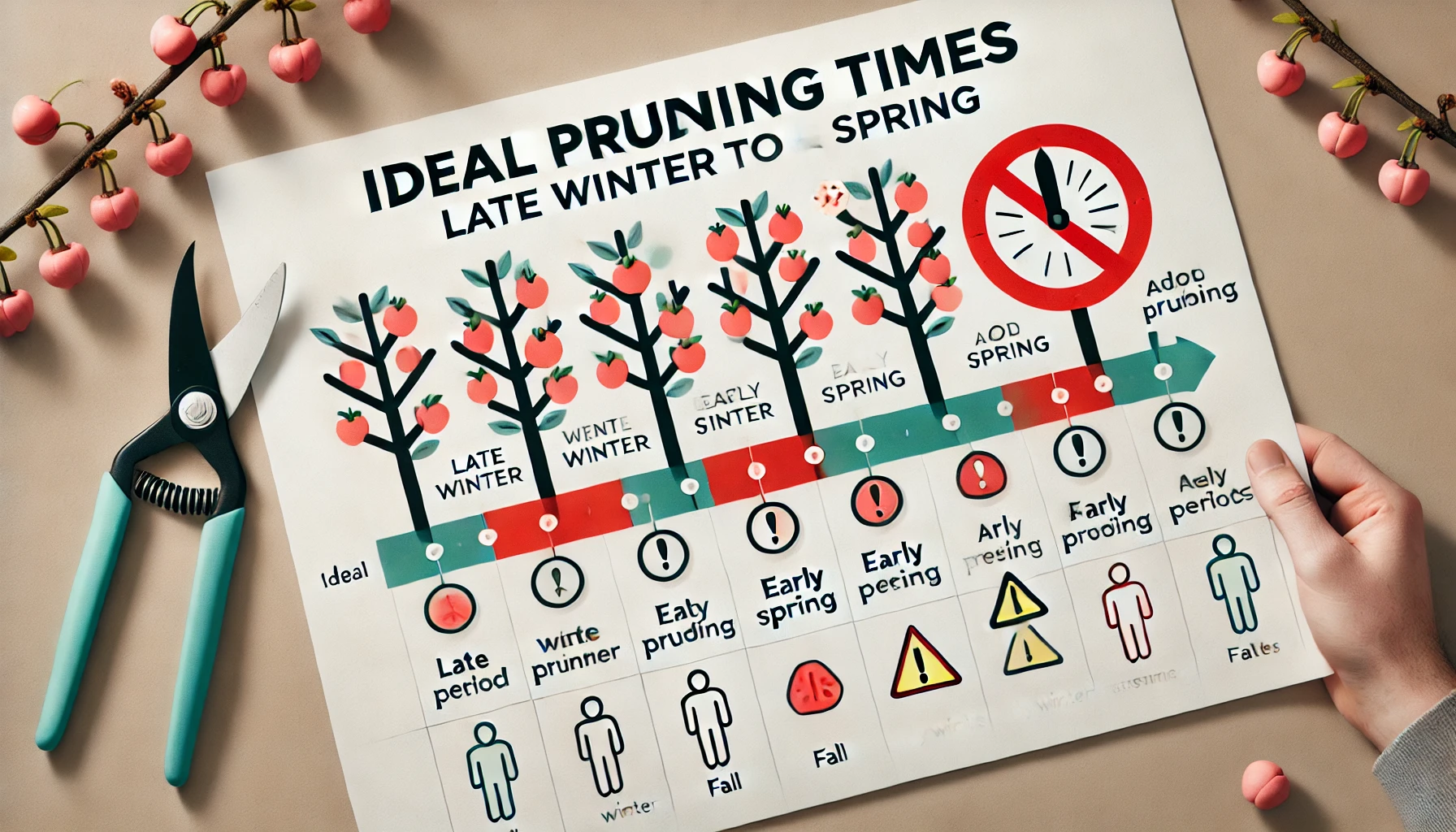 Infographic on ideal pruning times from late winter to spring, featuring illustrated trees and pruning guidelines.
