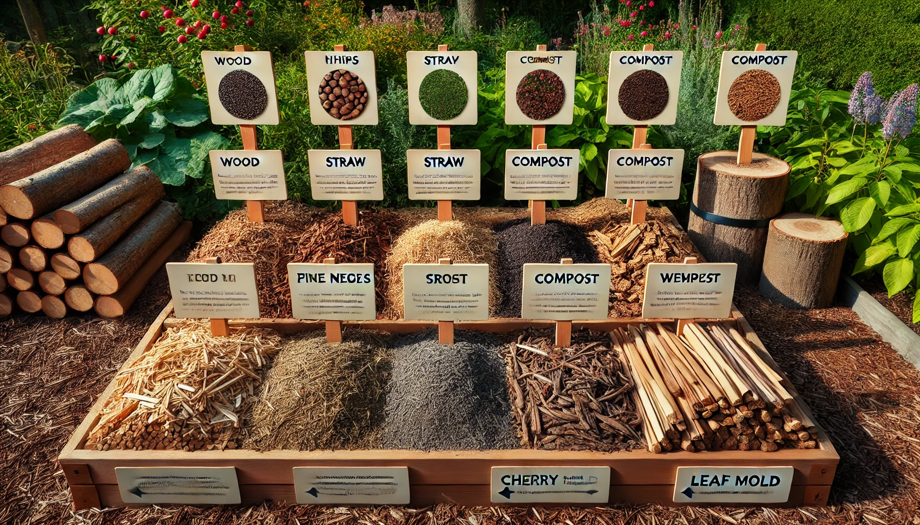 A display of various organic materials for gardening, labeled with names like "Wood," "Straw," and "Compost," set amidst greenery.