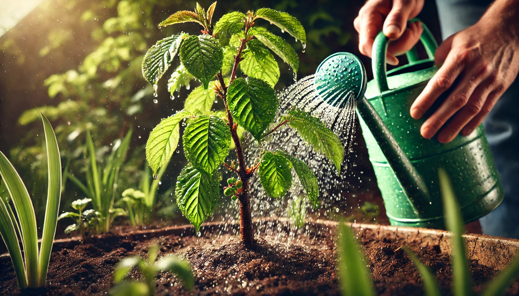 A person waters a young green plant with a teal watering can, droplets sparkling in sunlight, surrounded by rich soil and greenery.