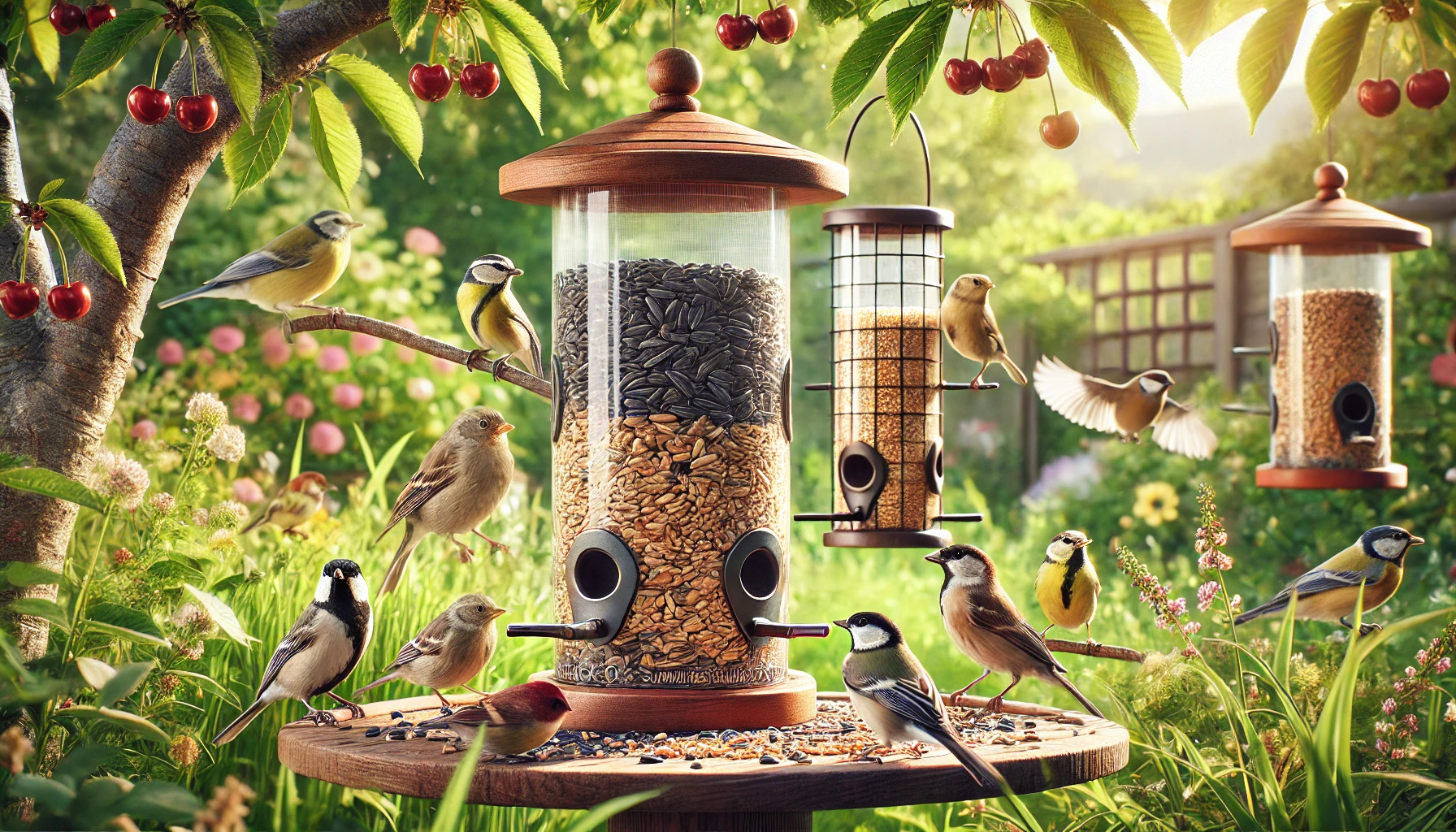 A vibrant garden scene with various birds gathered around bird feeders filled with seeds, surrounded by lush greenery and cherry blossoms.