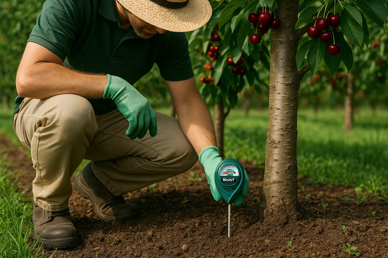 A farmer in a straw hat kneels by a cherry tree, using a moisture meter in rich soil amidst lush cherry foliage.