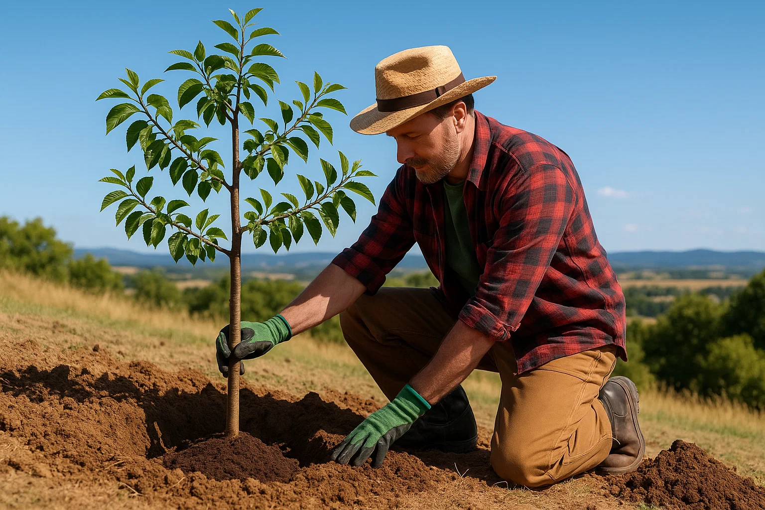 A person kneels in a sunny field, planting a small tree in freshly turned soil, wearing gloves and a straw hat.