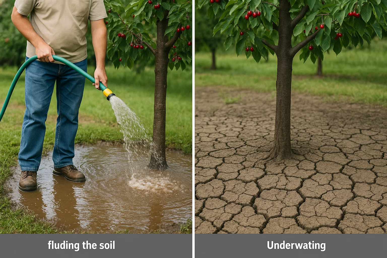 Image showing a person watering a cherry tree on the left (flooding) and dry, cracked soil around a tree on the right (underwatering).